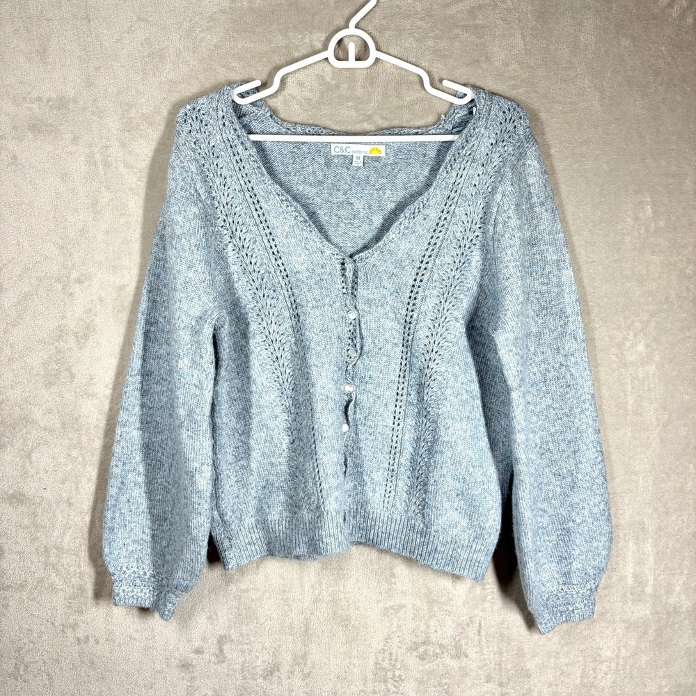 Cottagecore Button Front Knit Cardigan Size M Blue Pastel Soft Girl Grandmacore